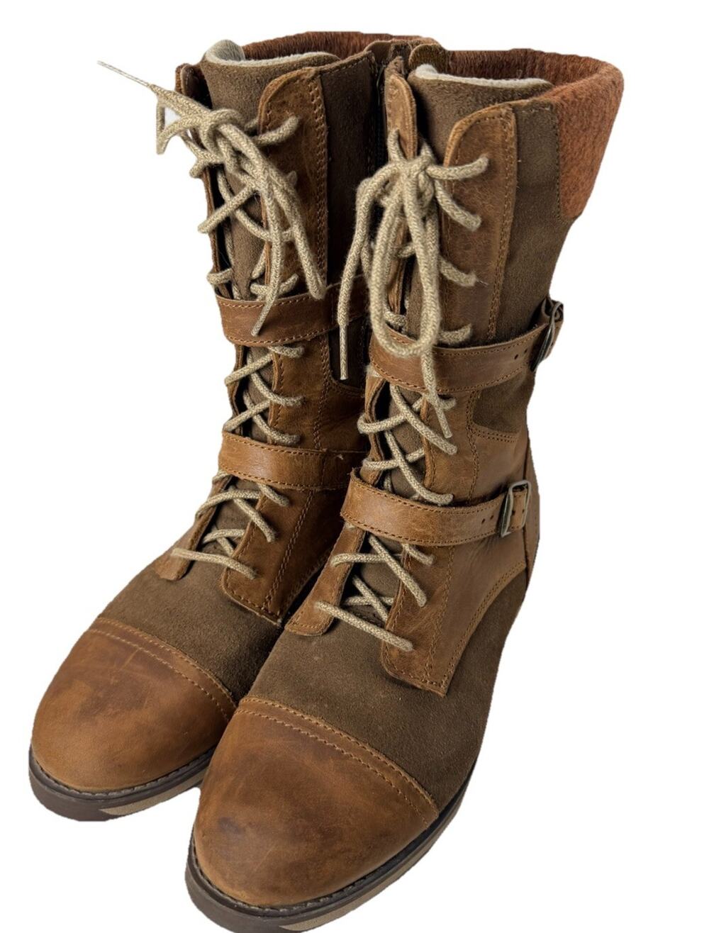LL Bean Park Ridge 8M Brown Leather/Suede/Wool Boots Moto Combat Wool Lined Zip